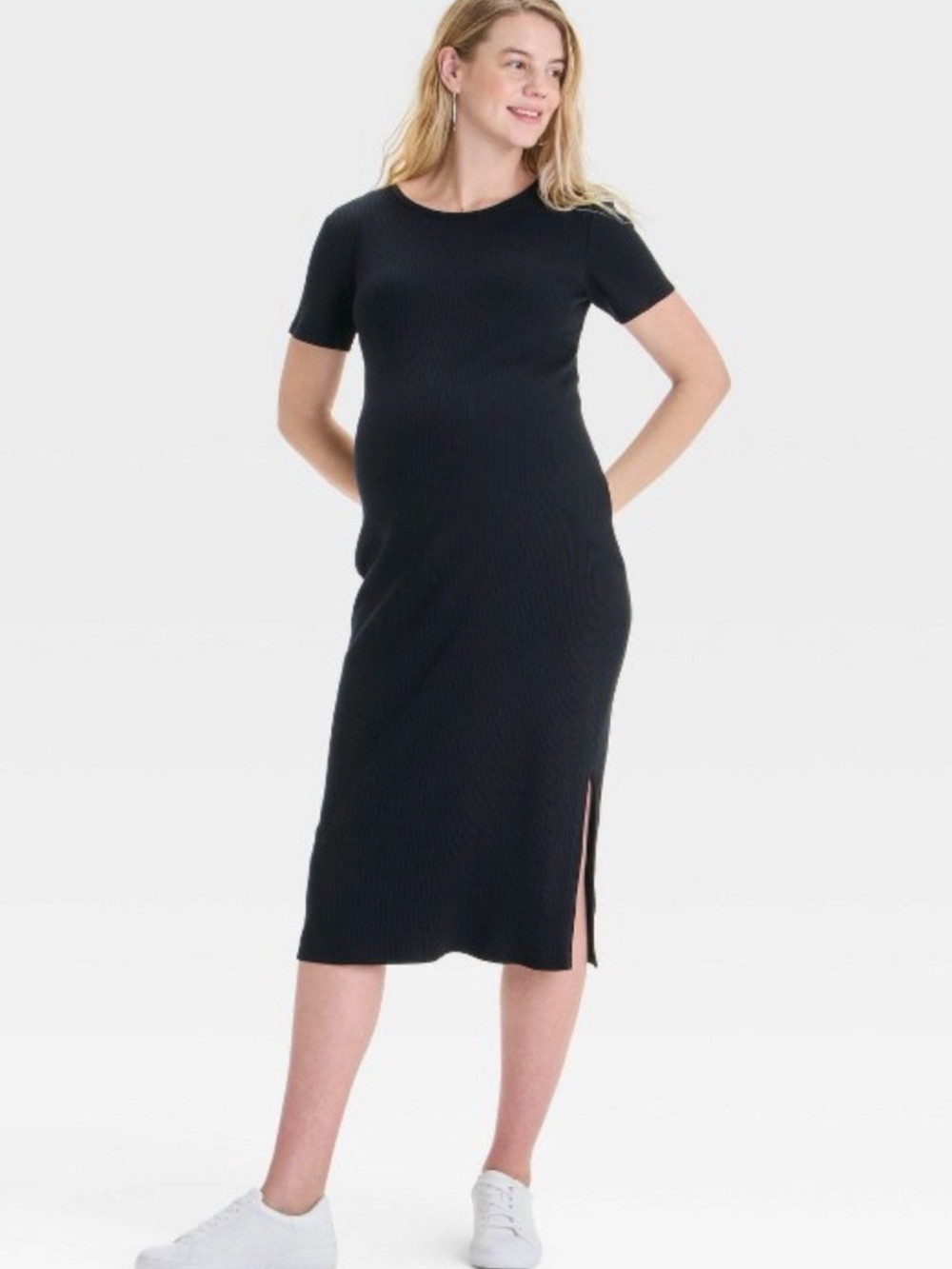 Isabel Maternity Short Sleeve Rib-Knit Midi Maternity Dress Black Size S